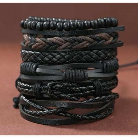 6pc Men's PU Leather Street Style Black Handmade Men Minimalist Twist Bracelet - Picture 1 of 4